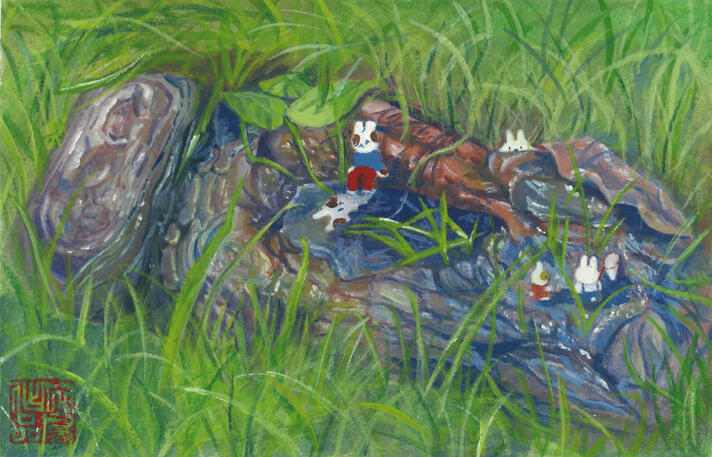 bunnies on a log; gouache and color pencil